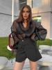 Black Mesh Turn-Down Collar Puff Sleeve Women's Shirt - 2025 New European & American Autumn Fashion