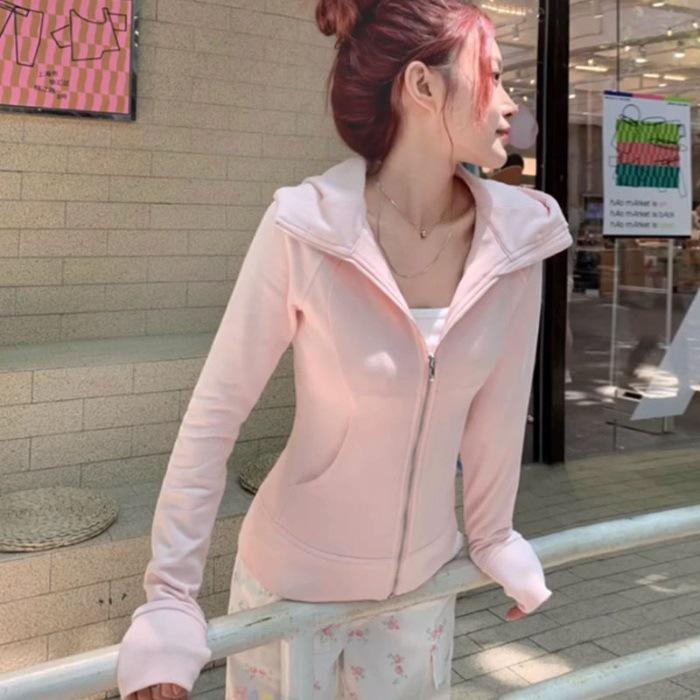 Slim-Fit Light Blue Hoodie Jacket - Versatile, Fashionable Spring/Autumn Cardigan Top