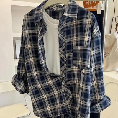 Japanese Vintage Plaid Shirt Spring Thin Women's Long Sleeved Blouse Casual Simple Lapel Blusas Korean Version Loose Fitting Top