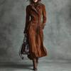 Women's Dark Brown Suede-Look Long Trench Coat with Double-Breasted Buttons and Side Slits