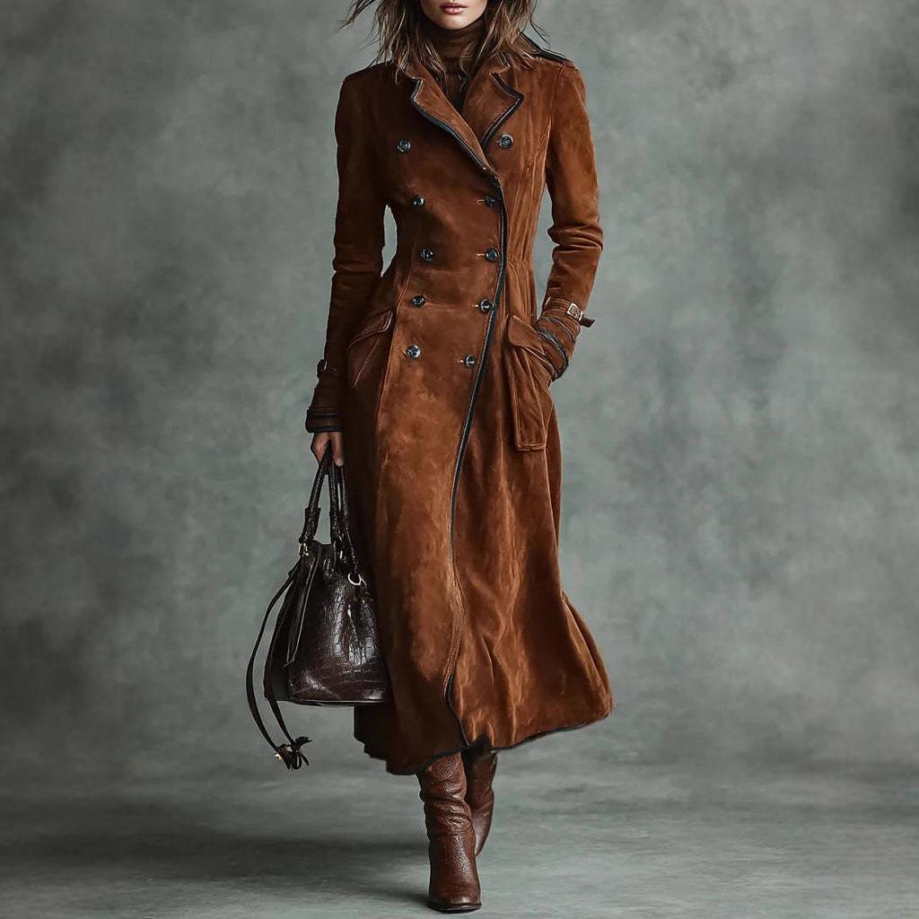 Women's Lapel Double Breasted Suede Long Sleeve Maxi Trench Coat
