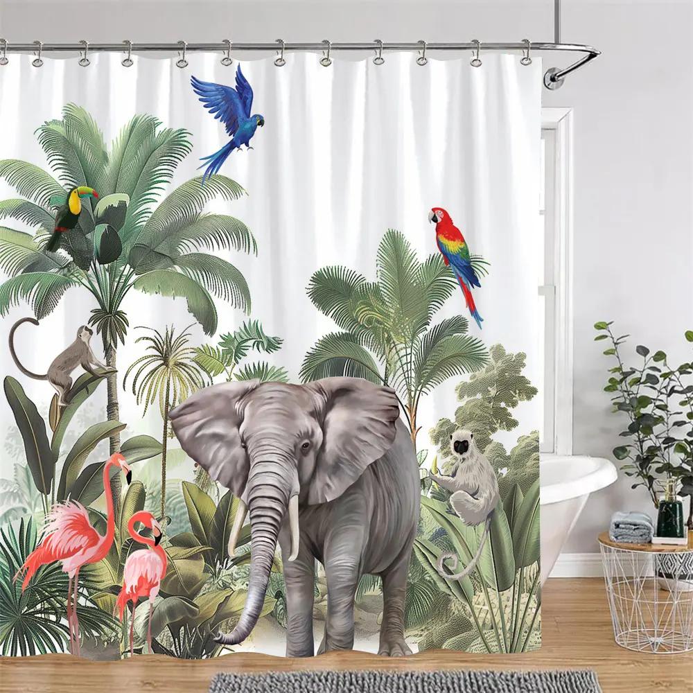 Tropical Botanical Jungle Animal Shower Curtain Coconut Flamingo Giraffe Bluebird Polyester Fabric Shower Curtain Bathroom Decor