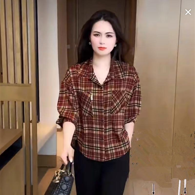 

2025 Spring/Autumn Plaid Loose Fit Long Sleeve Shirt for Women - Versatile Slimming Fashion Top XL (115-130 jin)