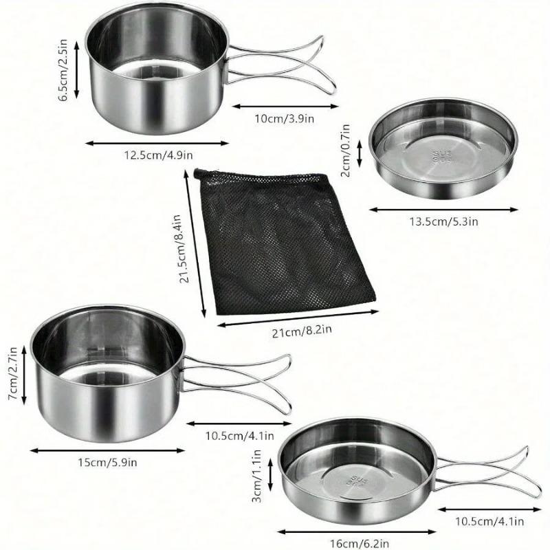 Lightweight 4 Piece Camping Cookware Stainless Steel Pots with Handles for Safe Outdoor Cooking