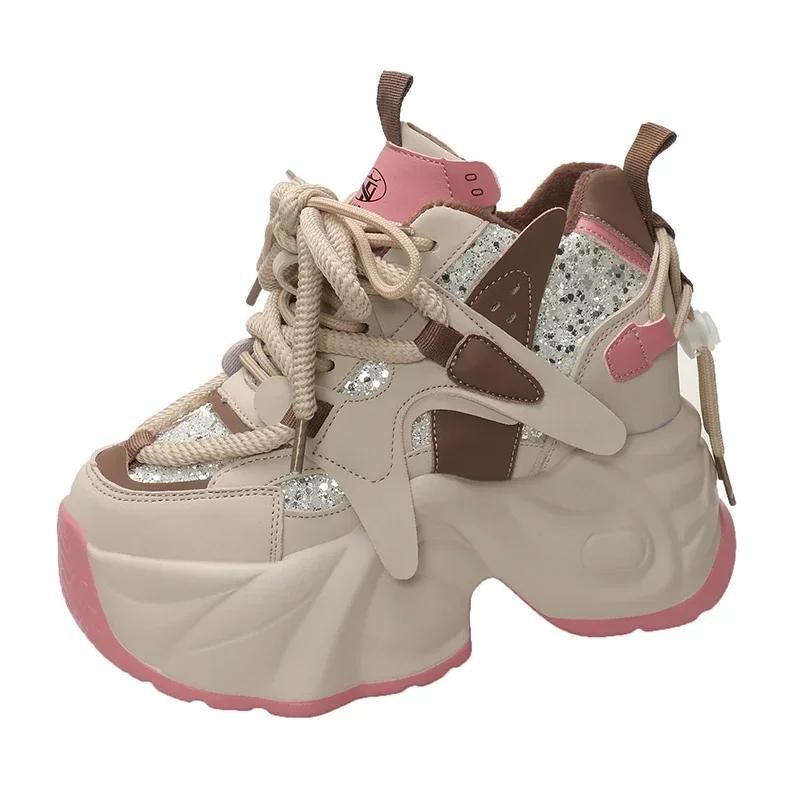 Fashion Women Bling Chunky Sneakers NEW Winter High Platform Warm Fur Shoes Ladies Wedges Casual Dad Shoes Leather Sports Sneakers 7.5CM