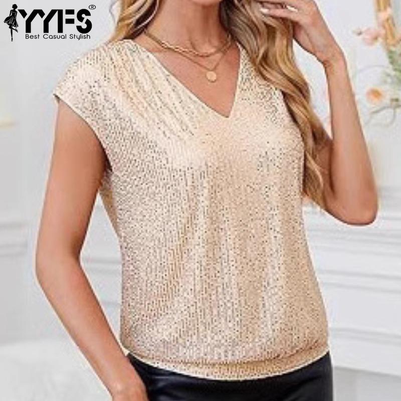 

YYFS Women s Fashion Casual Solid Color Print Summer Spring Short Sleeve V-Neck Blouses & Shirts XXL шампанського