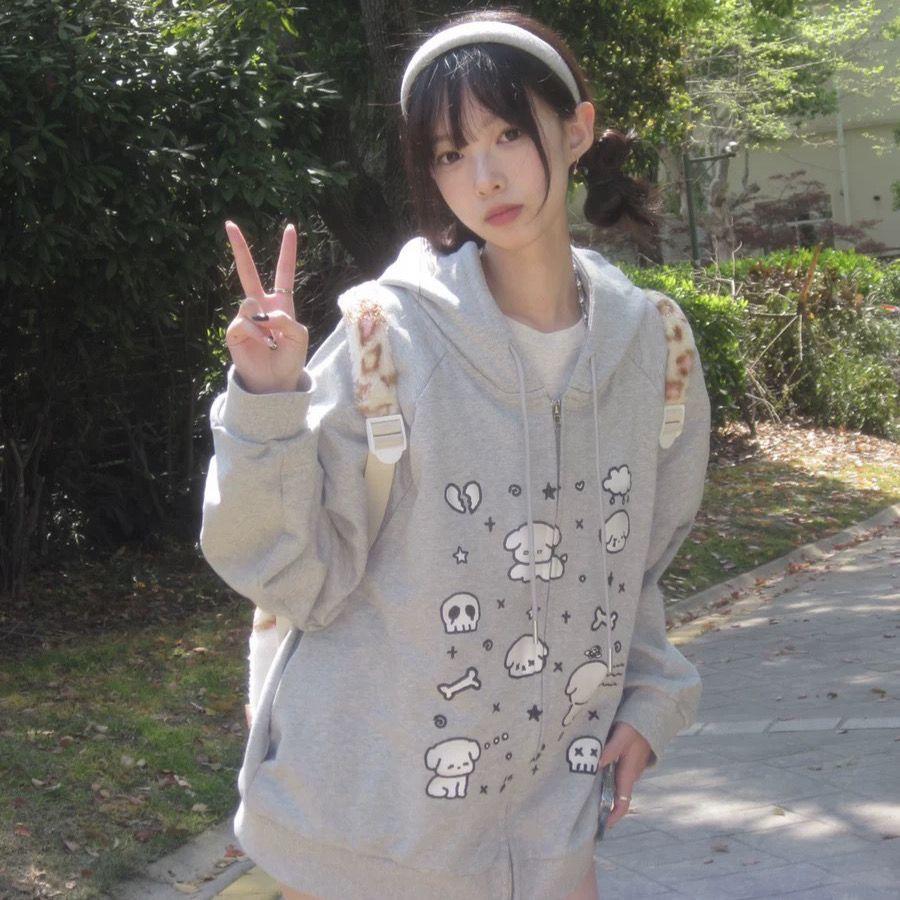 

Японские толстовки с рисунком Kawaii, женские толстовки с капюшоном в стиле Харадзюку, милые на молнии с мультяшным принтом собаки, серые повседневные милые топы S серый