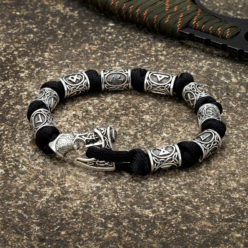 Men Viking Celtic Rune Beads Axe Bracelet Odin Symbol Scandinavian Metal Lanyard Handmade Woven Paracord Norse Amulet Jewelry