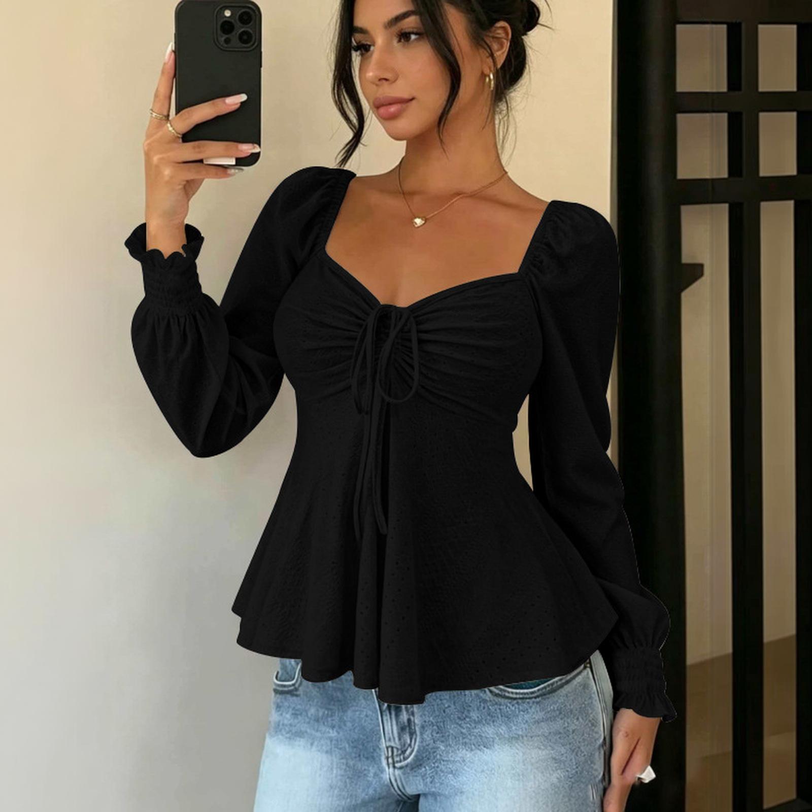 Women s Sexy V-Neck Drawstring Shirred Long Sleeve Top Color S