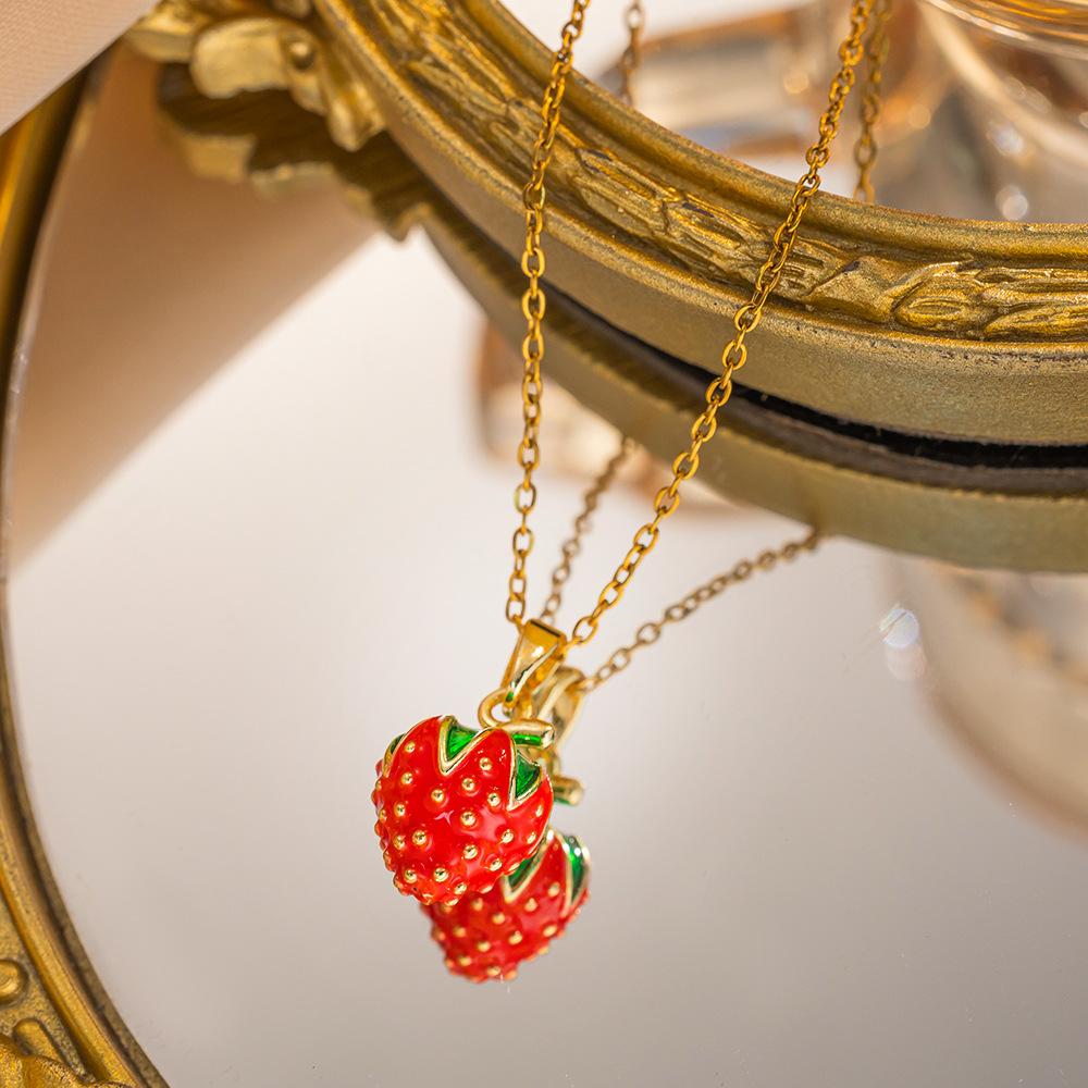 Women Girls Sweet Cute Strawberry Series Pendant Necklace Stainless Steel Chain Lovely Strawberry Fruit Jewelry Accessories Gift