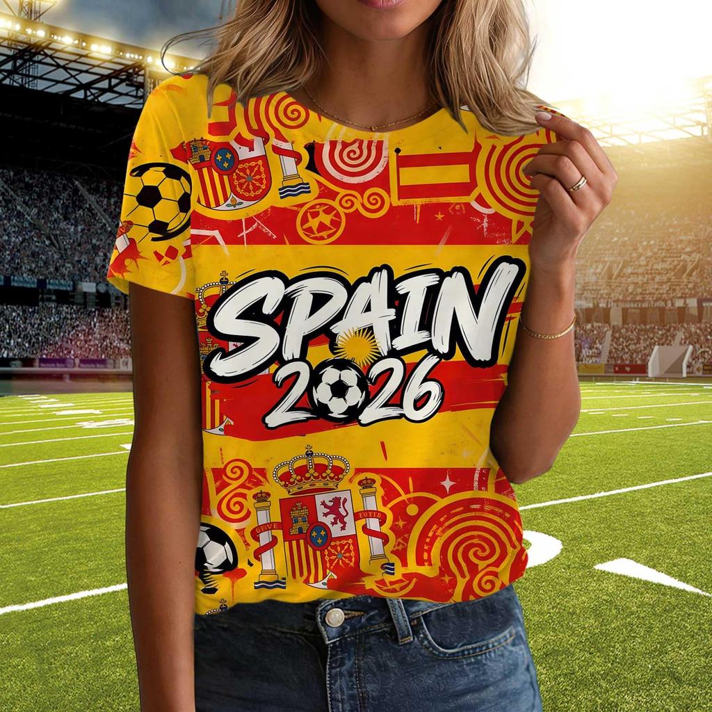Women Casual Pullover T Shirt Short Sleeve Crew Neck Letter Print Top for Spain 2026 Soccer Support Fans