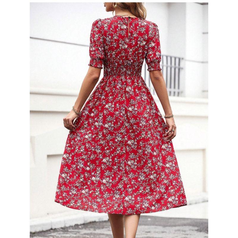 Sweet Summer New Arrival European Fashion Round Neck Small Floral Elastic Waist Tight Waist Puff Short Sleeve Mid Length Long Length Dress