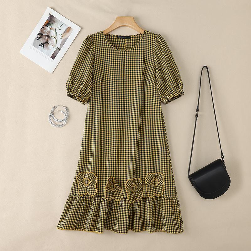 

ZANZEA Women Grid Print Casual V-Neck Short Sleeve Dress 5XL жовтий