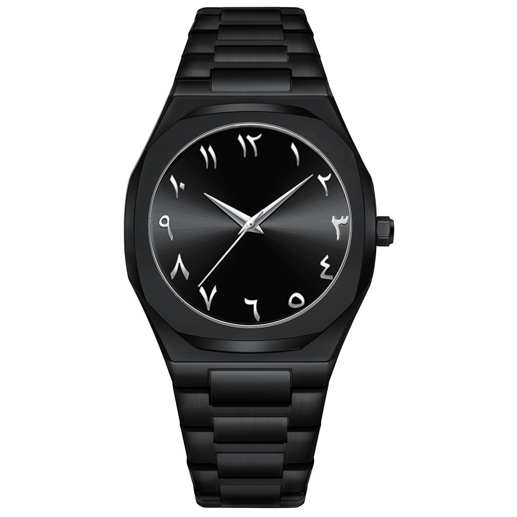 Waterproof Men's Watch Arabic Numeral Alloy Case Stainless Steel Luxury Shiny Black Silver Watch