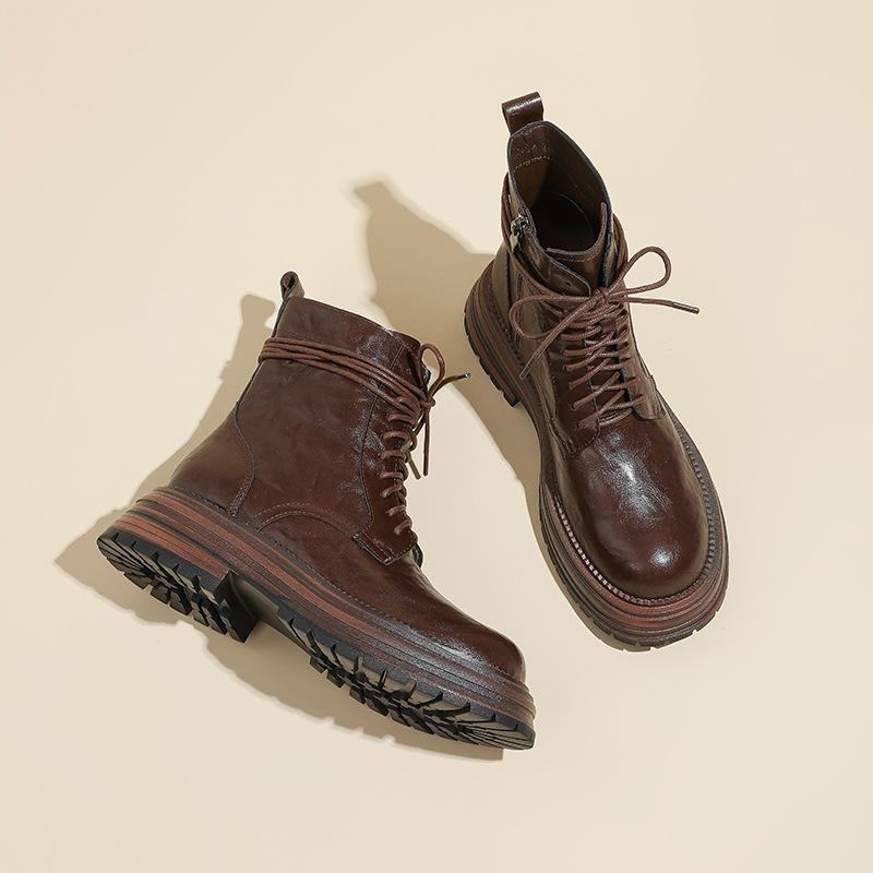 Hand-grabbing Retro Thick-soled Martin Boots Lace-up Short Boots for Women's Spring and Autumn Single Boots Exquisite British Style Thick