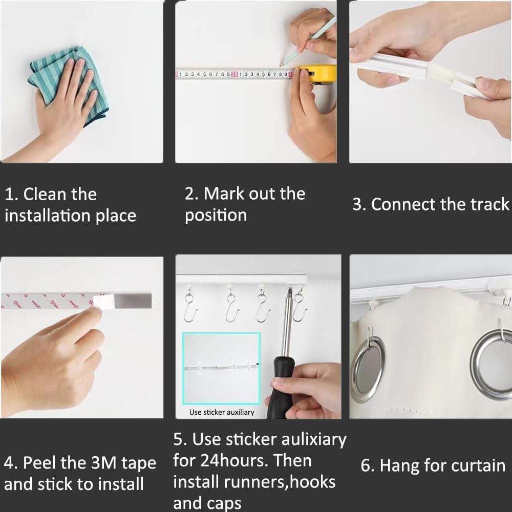 ZSLHXFZHJ Adhesive Curtain Track, Self Adhesive Ceiling or Wall Curtain Rail Set (80 Inch)-No Drill, Screws, or Tools Curtain Hangers, No Damage