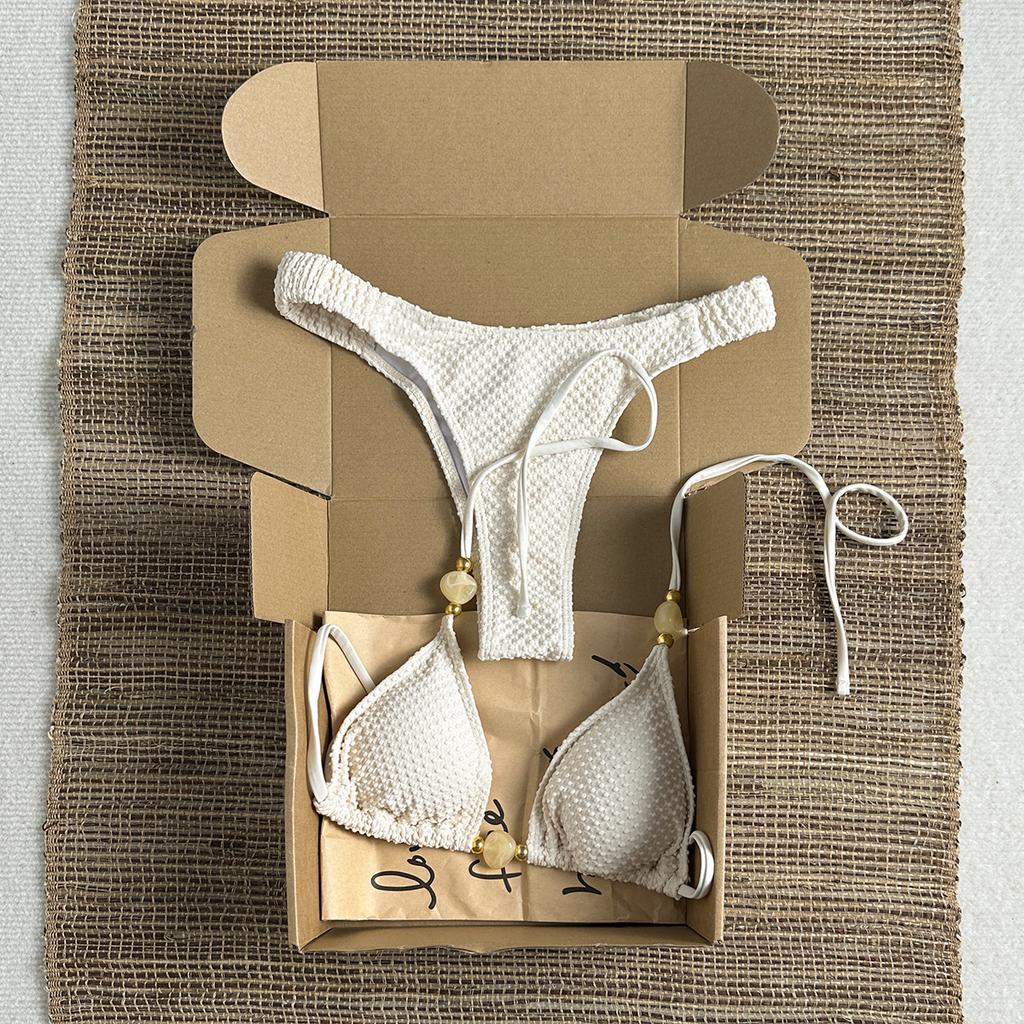 2026 European and American New Sexy Solid Color Neck Wearing Beads Beach Women Split Bikini Bikini Swimsuit