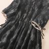 Abito lungo da donna stampato nero, estivo, sottile, con scollo a V e coulisse, stile bohémien vintage, plissettato, con risvolto