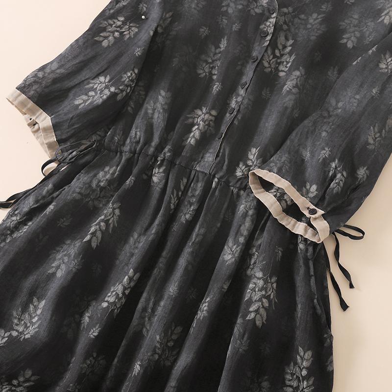 Abito lungo da donna stampato nero, estivo, sottile, con scollo a V e coulisse, stile bohémien vintage, plissettato, con risvolto