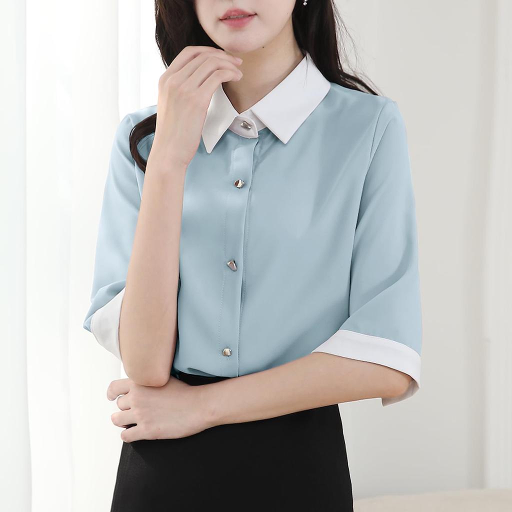 Shirt Blouse for Short Body Going Dress Summer [Yino] Women, Sleeve, Bicolor, Collared, Smooth, Covering, Slimming, Simple, Neat, Stylish, Commuting,