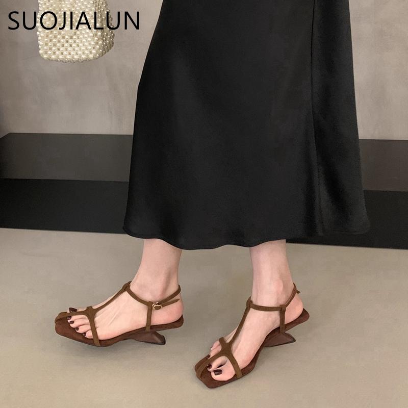 Mode SUOJIALUN 2025 Sommer Neu Damen Sandale Mode Schmaler Riemen Damen Gladiatorschuhe Hoher Keilabsatz Outdoor Kleid Pumps Sandalen