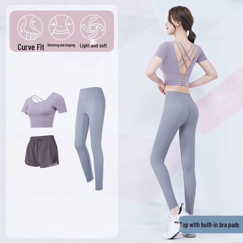 Women's Red Short Sleeve Slimming Yoga Top & Quick-Dry Running Fitness Set