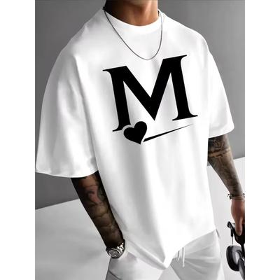 Europäische Größe Herren Freizeit-T-Shirt mit kurzen Ärmeln, großem Buchstaben M und herzförmigem Aufdruck