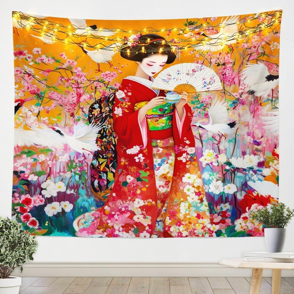 Geisha TapestriesJapanese Kimono MtFuji Tapestry For BedroomRomantic Pink Cherry Blossom Wall Tapestry For Girls WomenRed