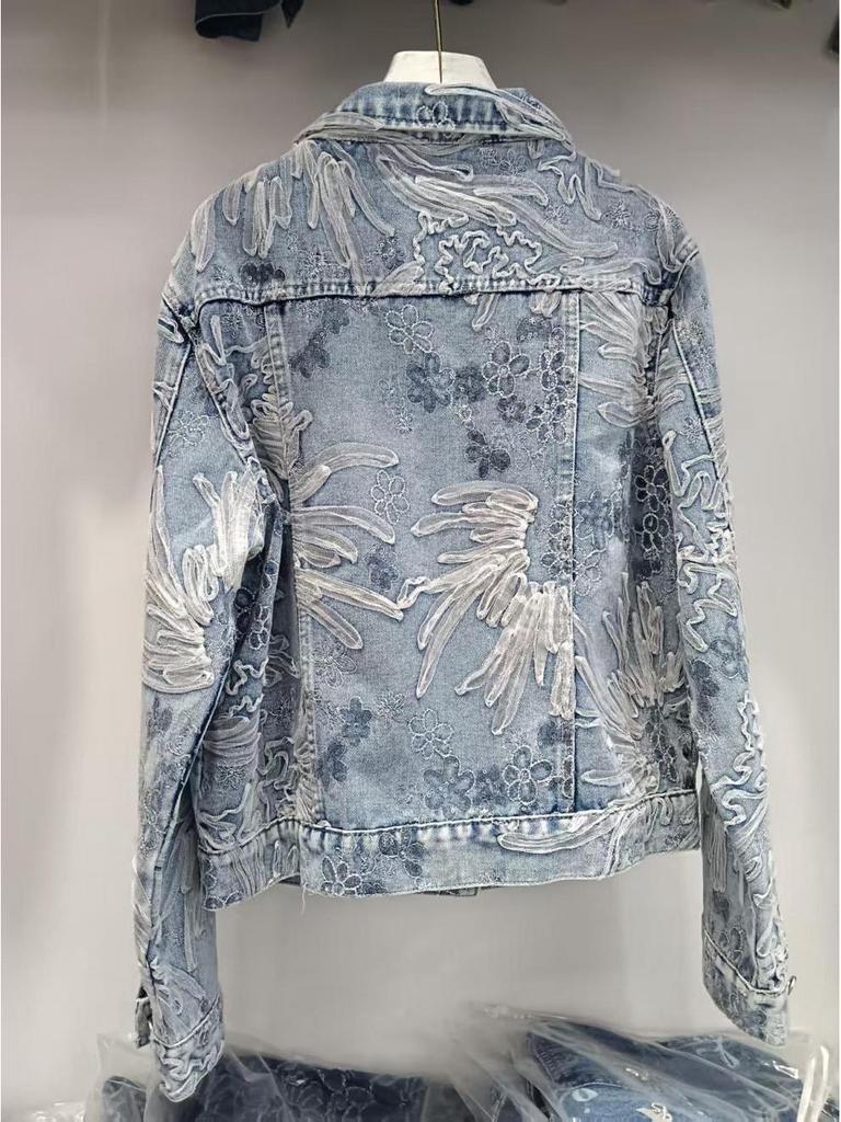 2025 Spring/Autumn Loose Lace Floral Embroidered Denim Jacket