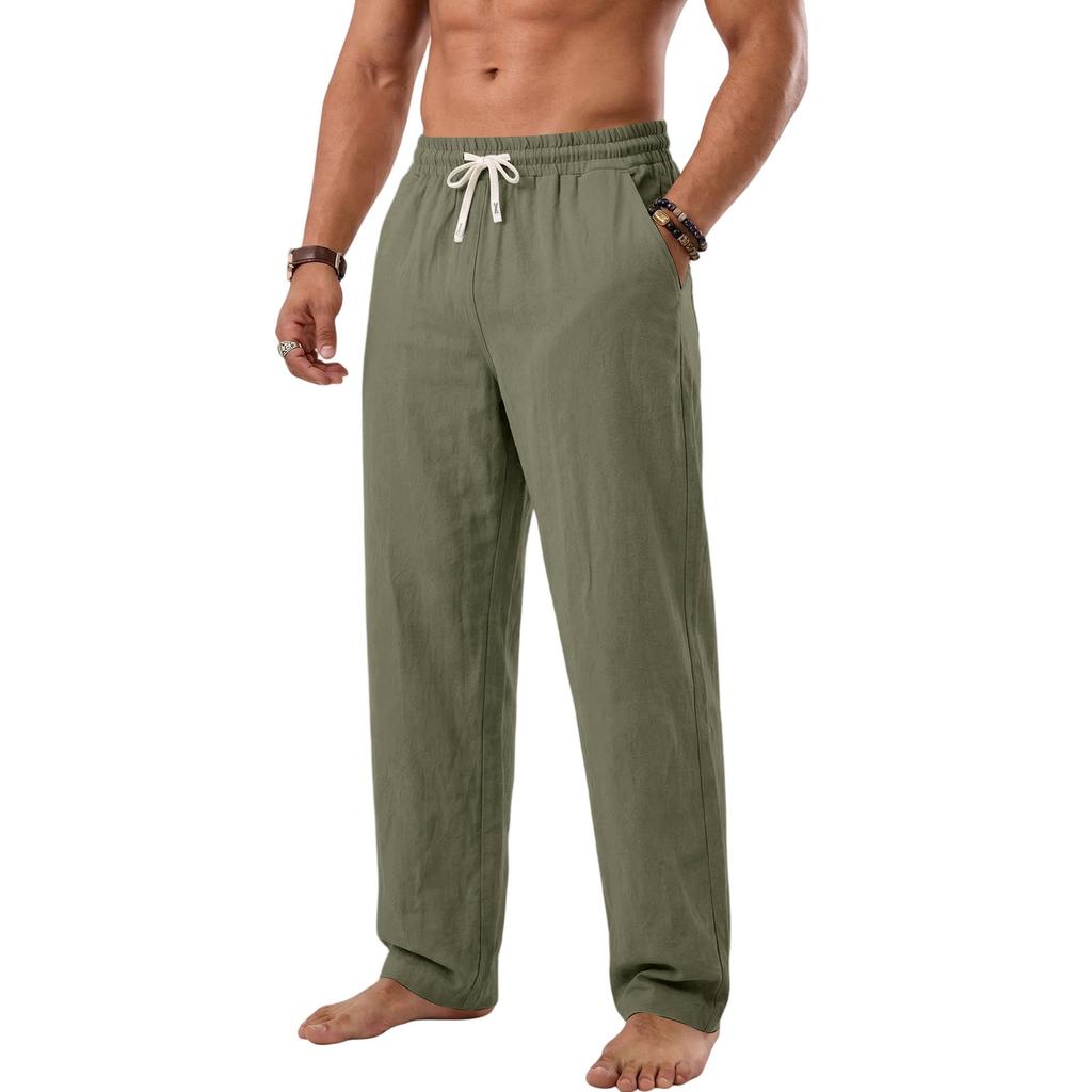 Men's Casual Linen Drawstring Waist Pants Straight Leg Long Trousers for Beachwear and Leisure Four Seasons Suitable