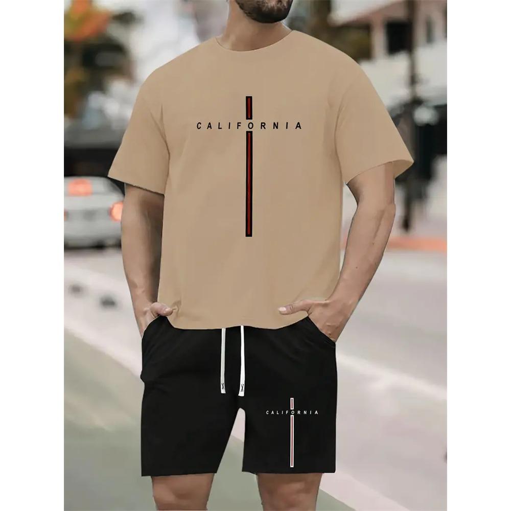 Summer Solid Color Letters Printed Suit Casual Sportswear Men's Suit Short-Sleeved T Shirt Street Hip-Hop Two-Piece Set