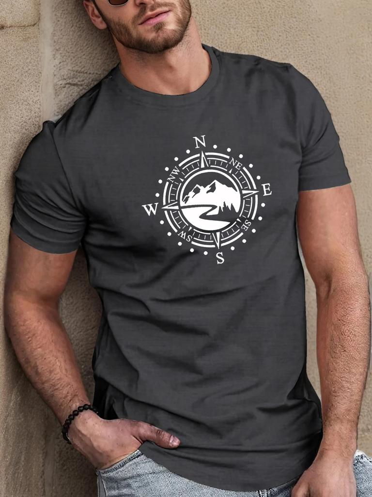 Mens Summer Cotton Fashionable Casual Loose Plus Size Compass Pattern Printed Sports Round Neck Short Sleeved Tshirt Tops Tees