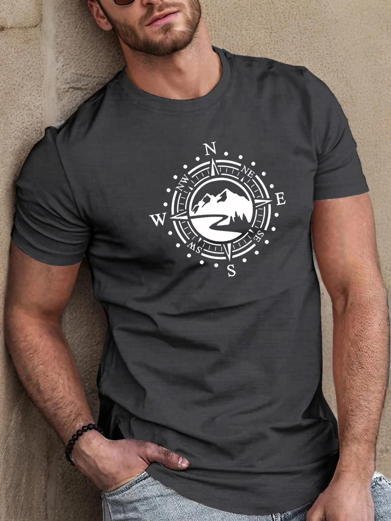 

Mens Summer Cotton Fashionable Casual Loose Plus Size Compass Pattern Printed Sports Round Neck Short Sleeved Tshirt Tops Tees 4XL