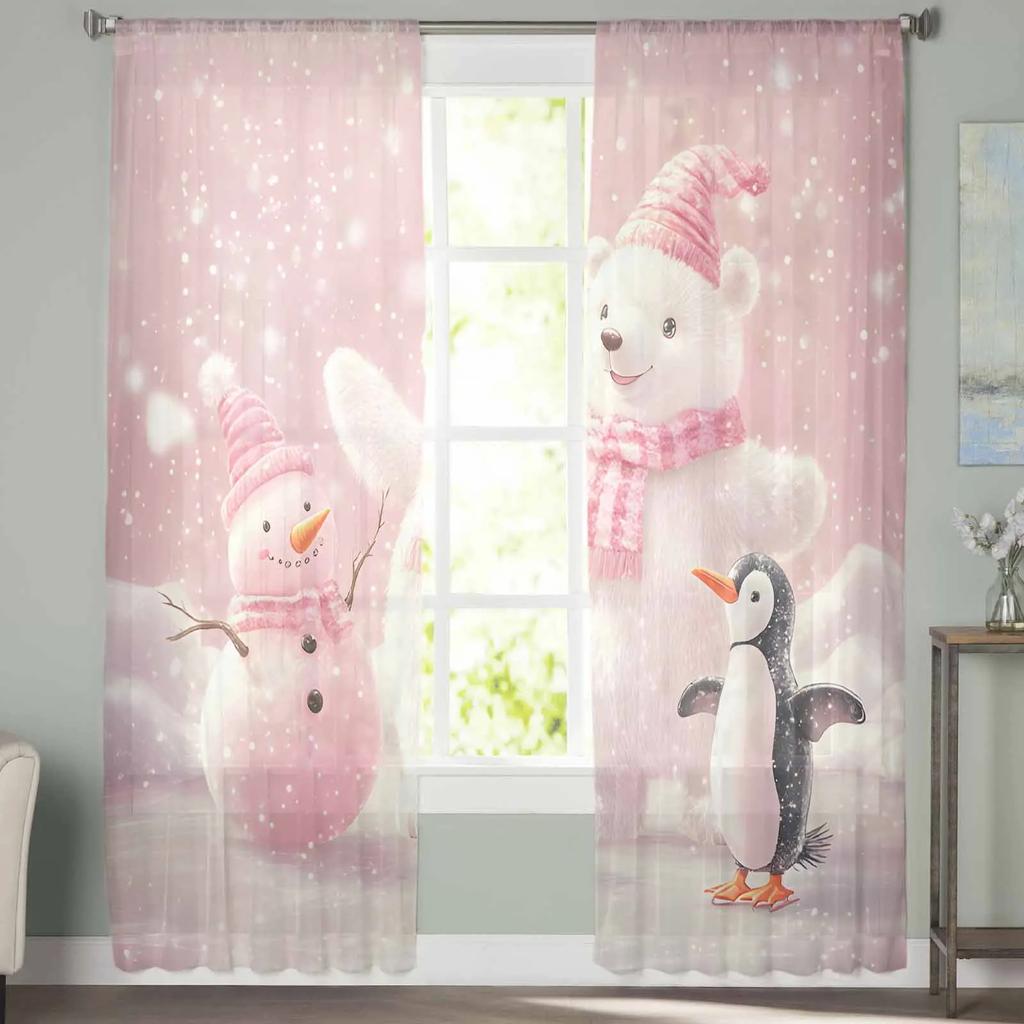 Christmas Pink White Bear Penguin Sheer Curtains for Living Room Decoration Window Curtains Kitchen Tulle Voile Curtains