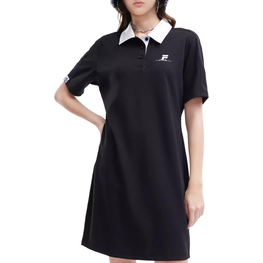 Fila Color Block Button Casual Polo Short Sleeve Dress Women Dresses Black T11W33330-1A