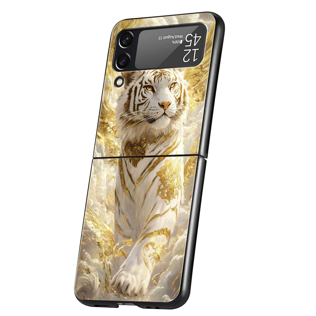 Phone Case for Samsung Galaxy Z Flip 3 4 5 6 7 Folding Black Shell For Samsung Z Flip4 Flip5 PC Hard Cover Animal White Tiger