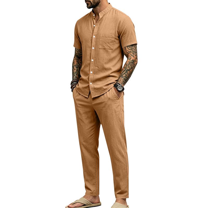 Men's Linen Short-Sleeve Henley Shirt & Long Pants Casual Sportswear Set