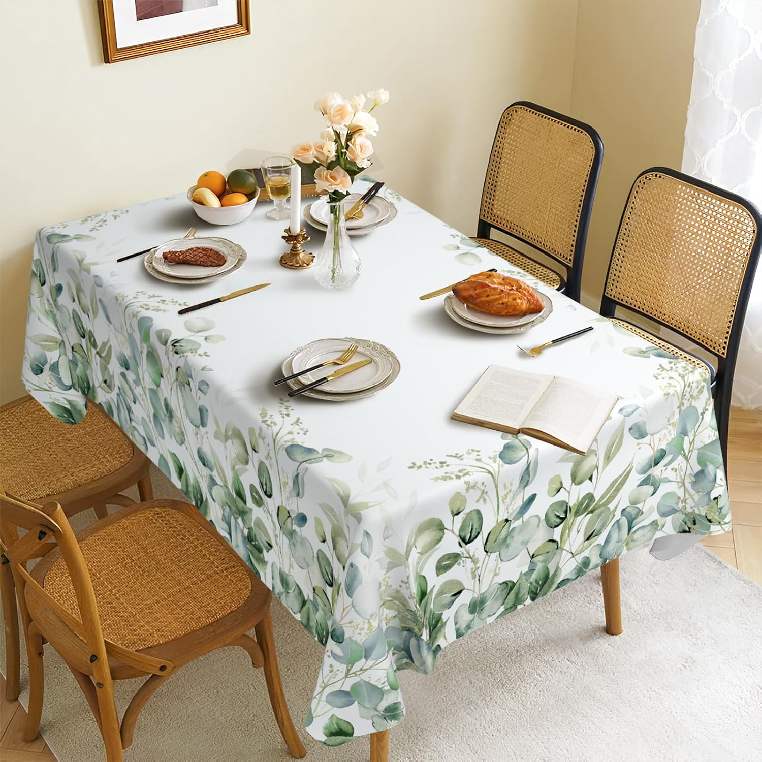 

Spring Green Eucalyptus Leaf Rectangle Waterproof Tablecloth Party Decor Reusable Kitchen Dining Tablecloth Wedding Decorations 50x50cm napkin
