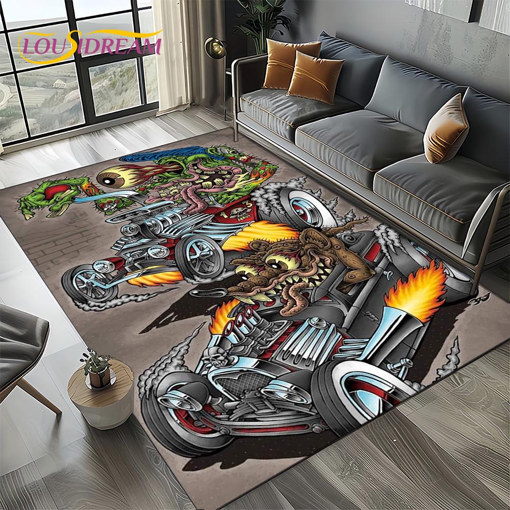 RF Funny Rat Fink Cartoon Motorcycle Sign Carpet Rug for Living Room Bedroom Home Sofa Decoration,Area Rug Non-slip Floor Mat