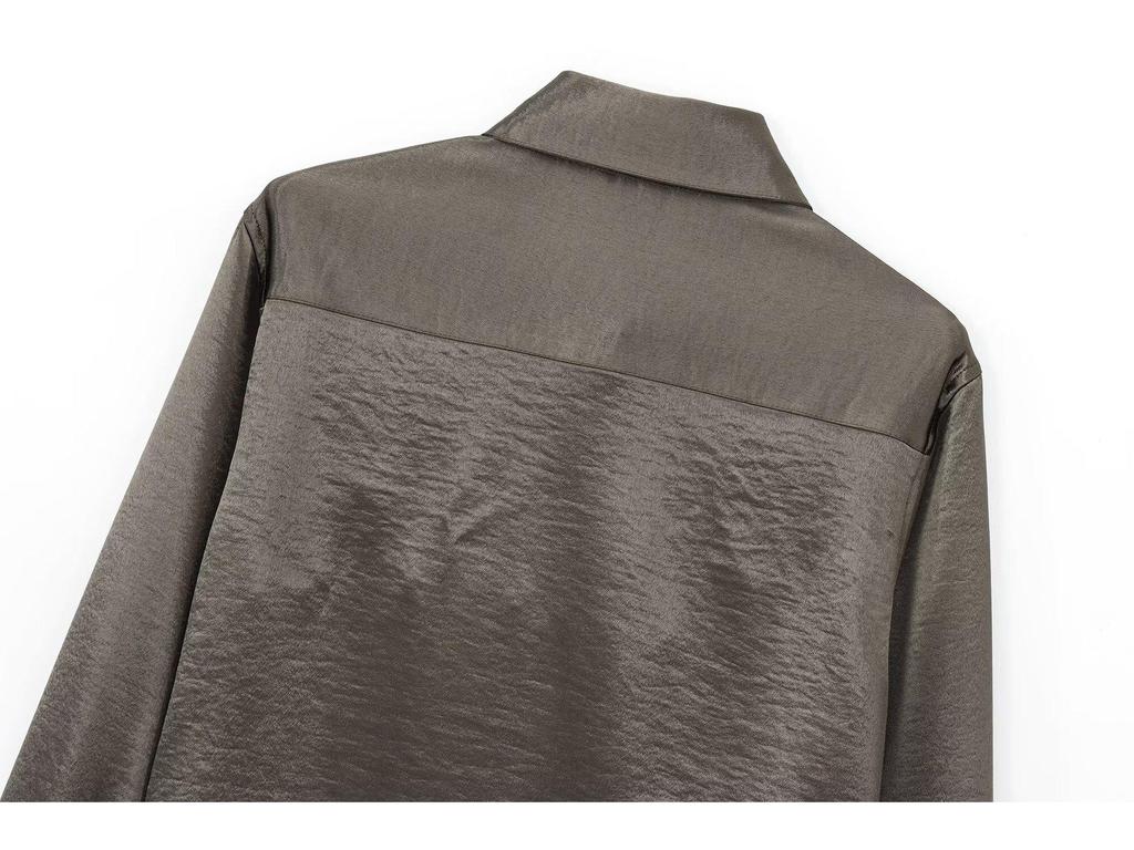 Satin Texture Long Sleeve Shirt with Pocket Decoration - 2024 European & American Fashion for Women