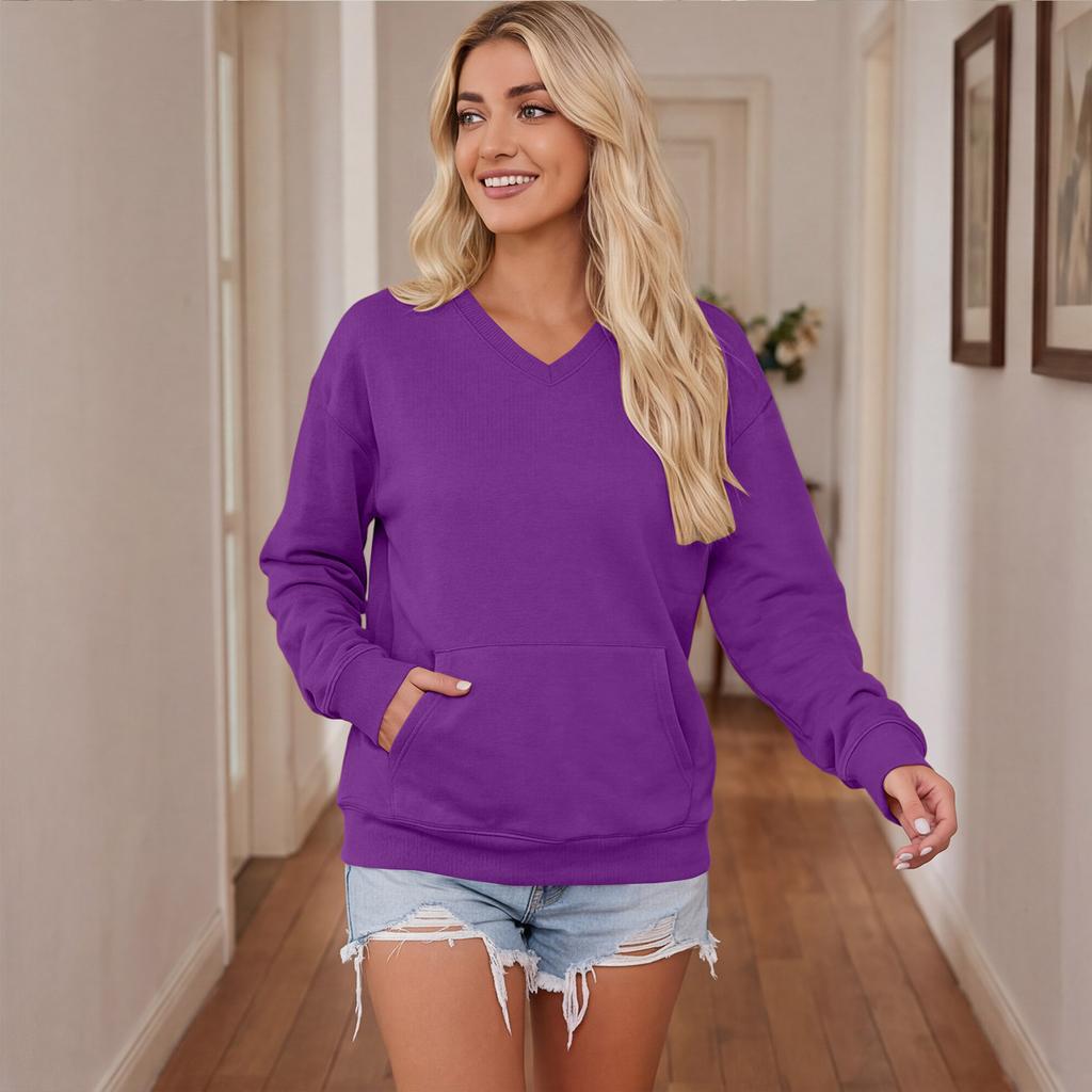 Women's V-Neck Long Sleeve Loose Fit Pullover Sweatshirt with Pocket