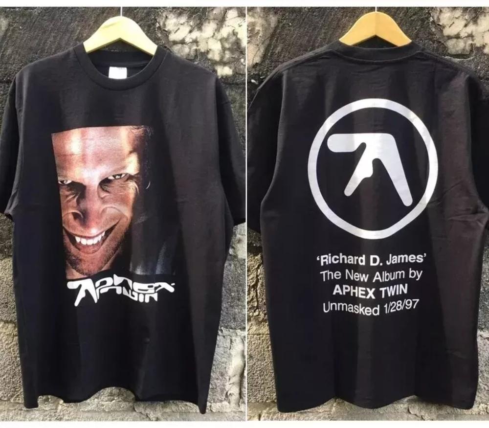 Aphex Twin Big Face T-shirt Basique Noir Double Face Imprimé Chemises Casual Manches Courtes Hommes et Femmes des Années 1990 Hauts T-shirts