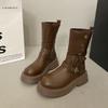 2025 Autumn and Winter New Women's Shoes Medium Top Platform Casual Metal Buckle Martin Boots Heightening Fashion Thin Knight Boots