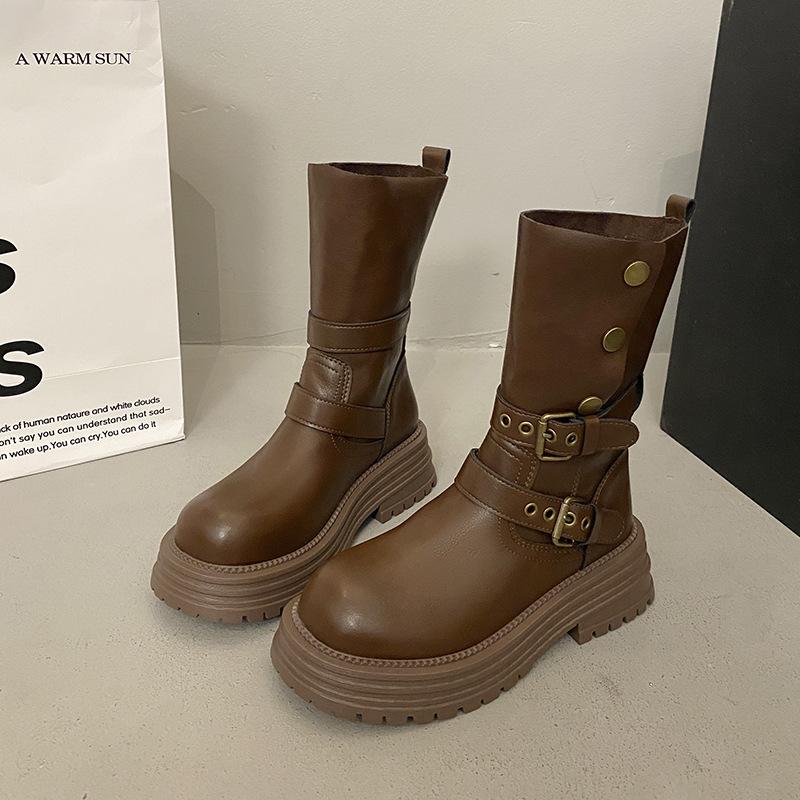 2025 Autumn and Winter New Women's Shoes Medium Top Platform Casual Metal Buckle Martin Boots Heightening Fashion Thin Knight Boots