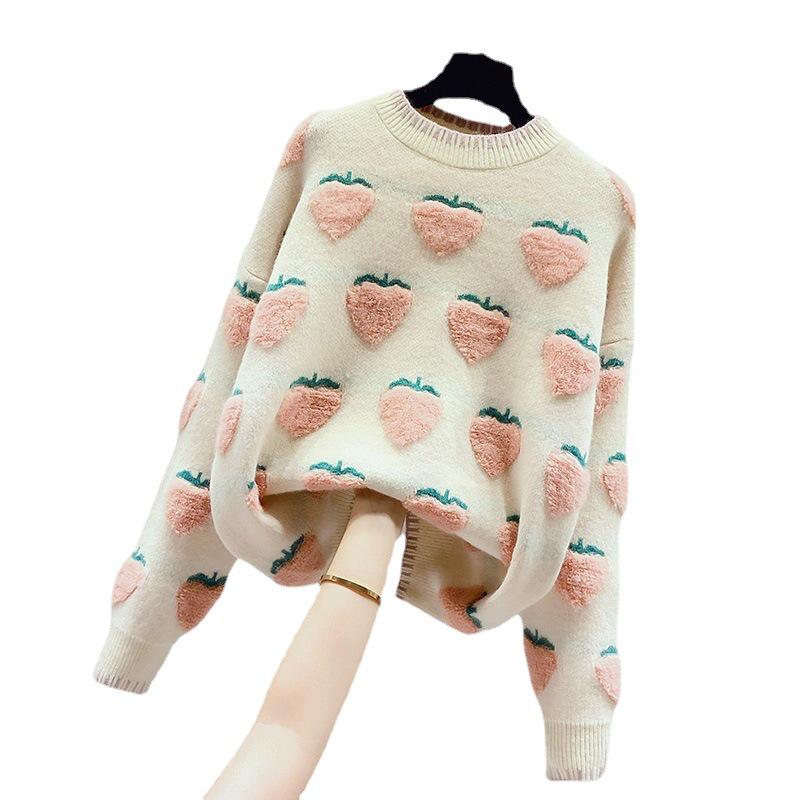 2025 Women's Casual Strawberry Embroidery Knit Pullover - Round Neck, Long Sleeve, Autumn/Winter