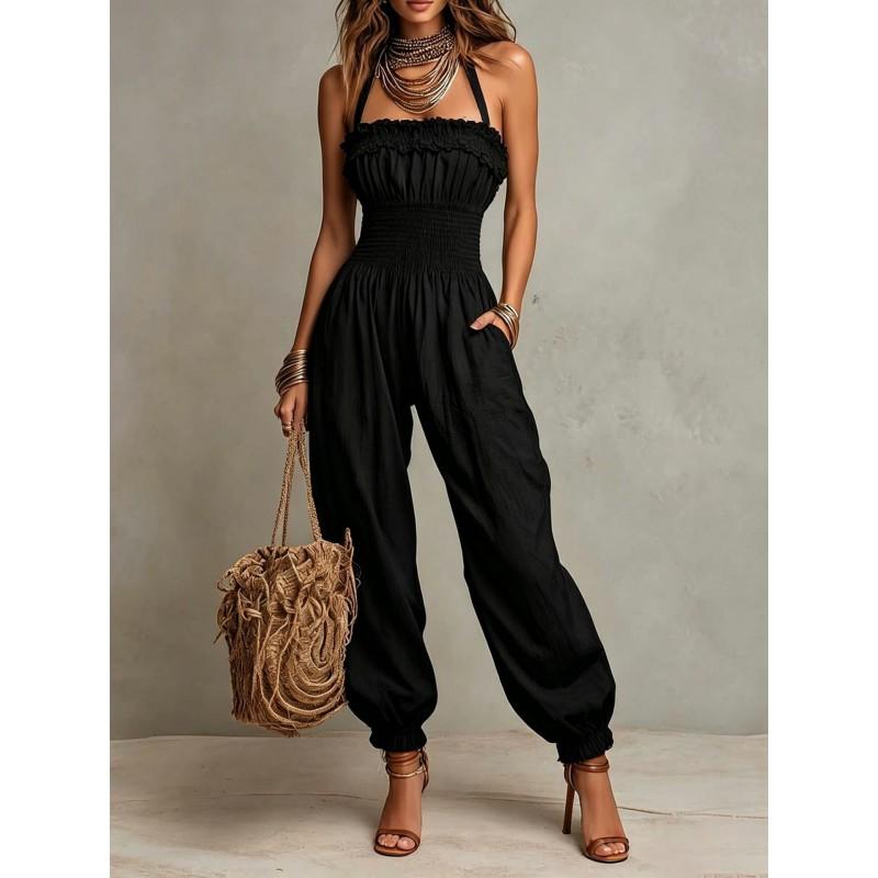 Bohemian Style Linen Cotton Jumpsuit With Halter Neck Lantern Sleeves Women 2026