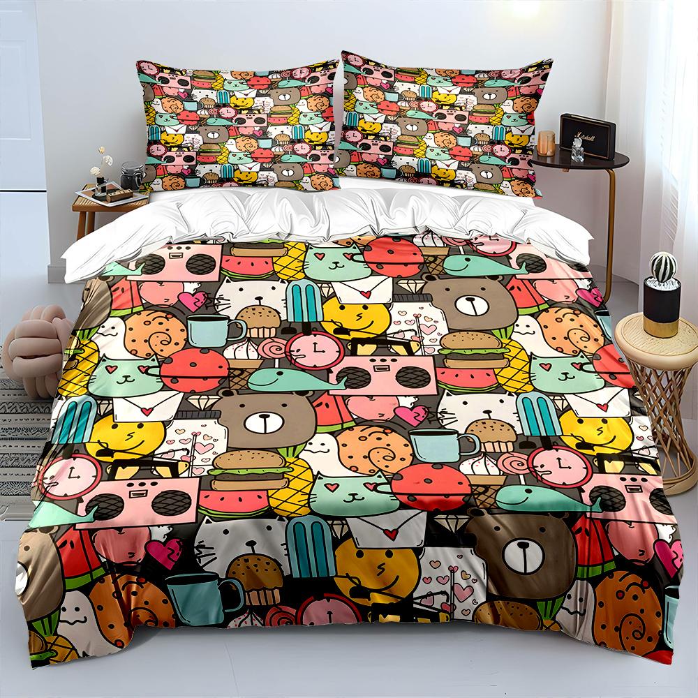 Cartoon Animals And Food Collage Print Bedding Set 1 Duvet Cover 2 Pillowcases For Adult And Children Luxury Gift Full Size