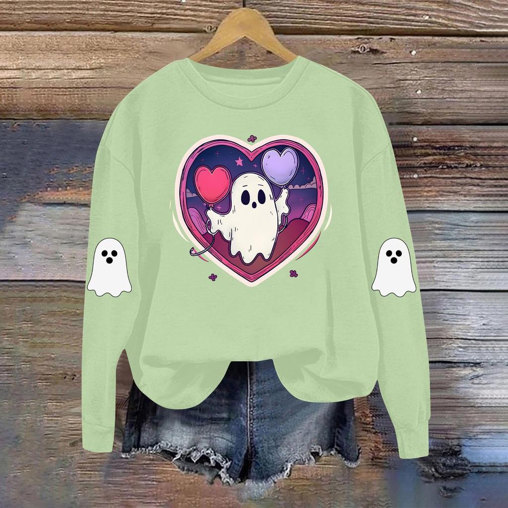 Dame Moteable Casual Langermet Halloween Trykket Rundhals Topp