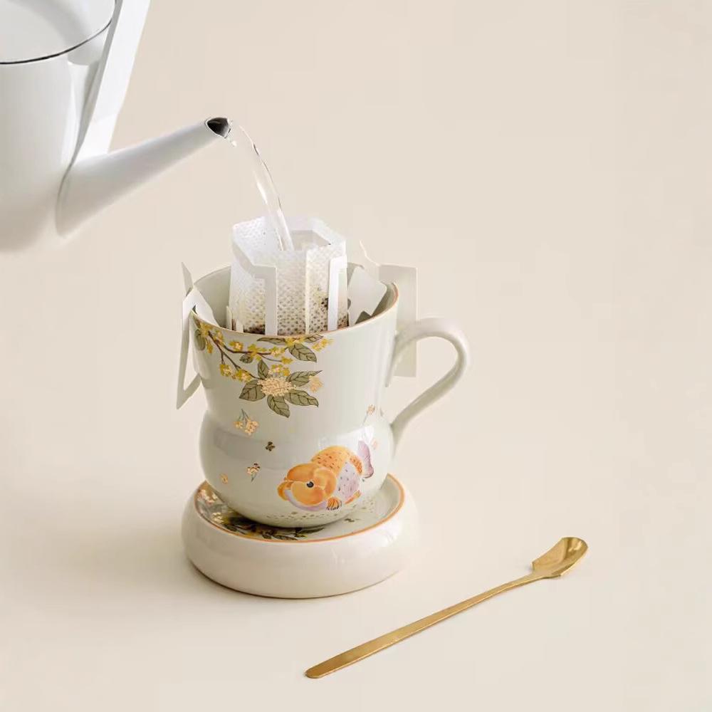 Plant Ash Ceramic Gold Osmanthus Goldfish With Spoon Personal Cup Drinking Water Guochao Chinese Style Office Lady