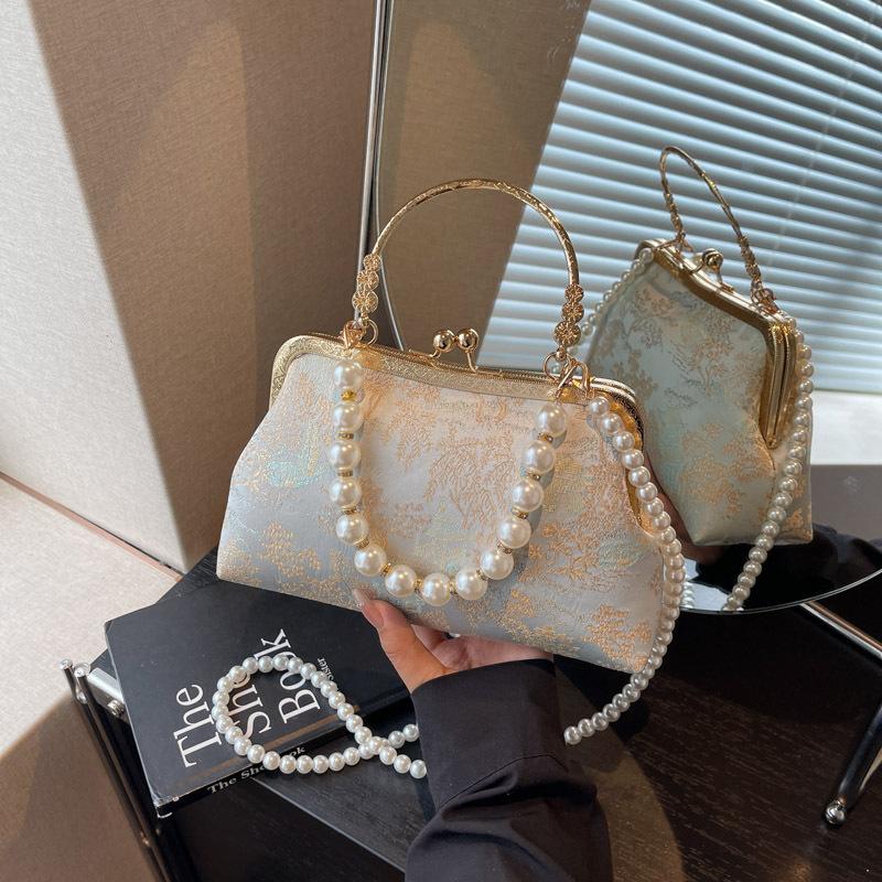 

Вышитая маленькая сумка женская новая сумка-мессенджер на жемчужной цепочке летняя высококлассная сумка с золотым фермуаром синий